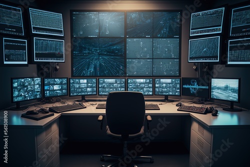 Regulation of Safety inside of a cctv room showing many monitors broadcasting footage from cameras. Generative AI