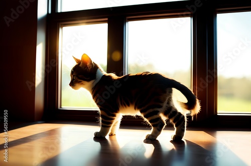 a walking cat in front of window