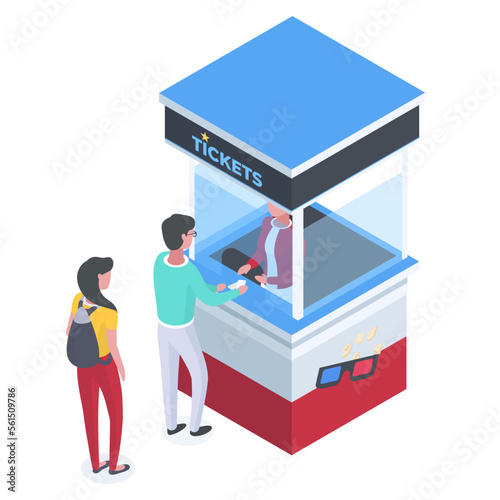 Cinema theater box office. People buying cinema tickets, movie theater ticket counter queue flat vector illustration on white background