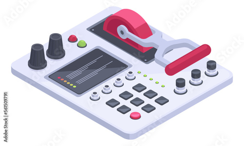 Isometric control panel. Spaceship, aircraft dashboard with controllers, buttons and sliders 3d vector illustration on white background