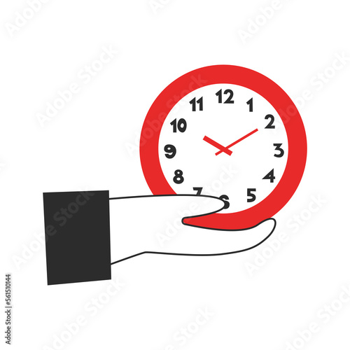 Hand holding clock on the palm. Time management concept. Early or late actions, start and finish, hours and minutes, beginning and end, deadline vector flat illustration.