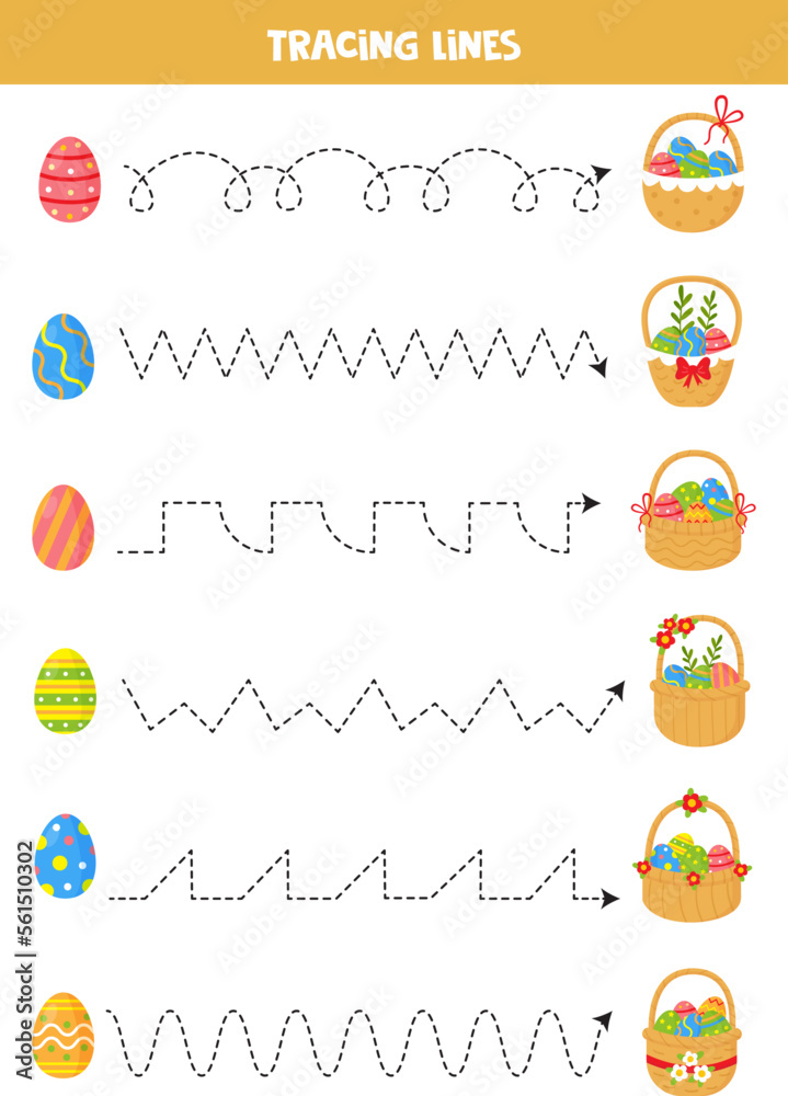 Tracing lines for kids. Easter eggs and Easter baskets