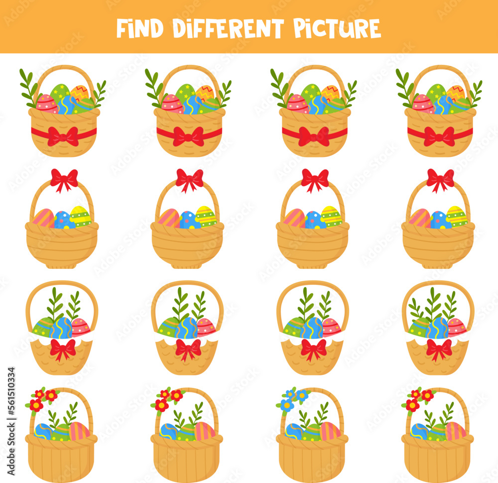 Find Easter basket which is different from others. Worksheet for kids. Find Easter basket which is different from others. Worksheet for kids.