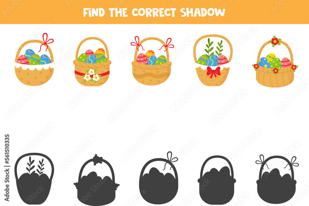Find the correct shadows of cute Easter baskets. Logical puzzle for kids. Find the correct shadows of cute Easter baskets. Logical puzzle for kids.