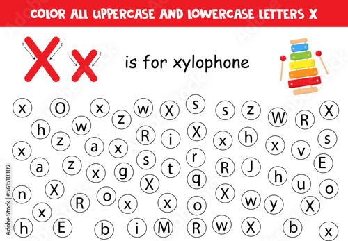 Dot all letters X. Educational worksheet for learning alphabet.