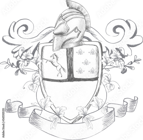 Graphic drawing of the family coat of arms for decorating a baroque wedding