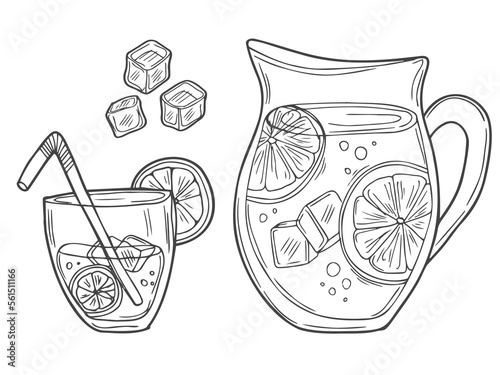 Jug with lemonade. Lemonade with lemon slices and mint. Homemade drink. Vector illustration in doodle style.