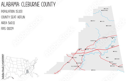 Large and detailed map of Cleburne county in Alabama, USA. photo