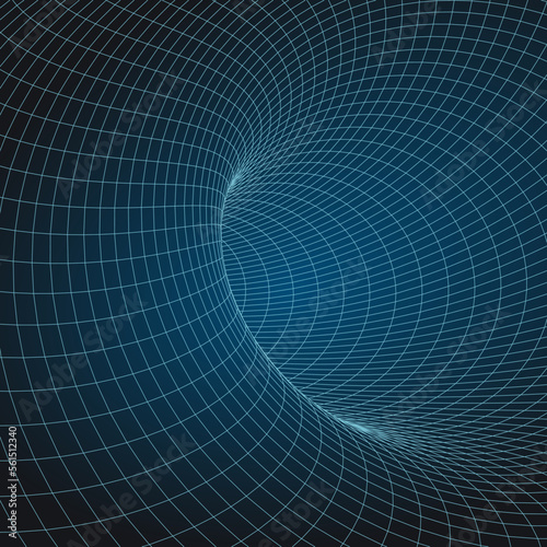 Wireframe tunnel. Perspective grid background. Simple lines on a dark background. Vector illustration.