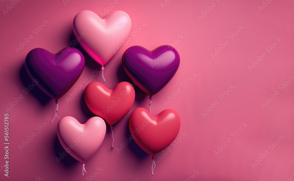 Color balloons, red, magenta, purple heart-shaped balloons for valentine's day,