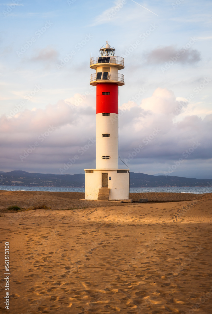 Lighthouse at El Fangar Beach at sunset,  Deltebre, Catalonia