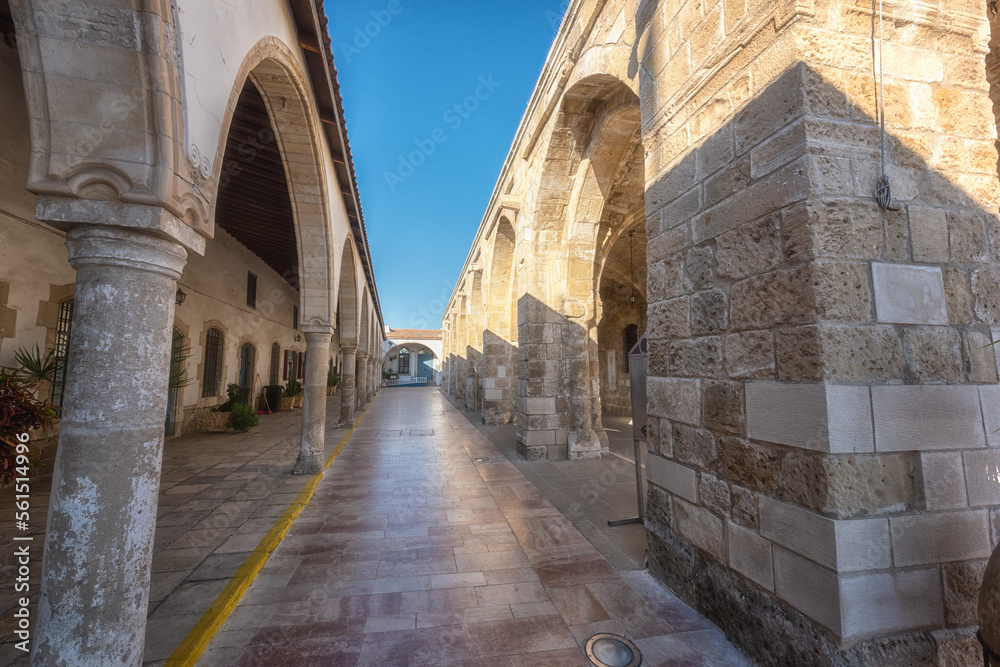 Courtyard of famous greek orthodox church of Saint Lazarus (Agios Lazaros) in Larnaca, Cyprus. Beautiful architectural landmark on sunny day, religious and travel background