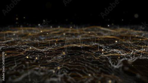 Futuristic flight through a digital line landscape, Brown dust particle ,abstract background. 3D Rendering.