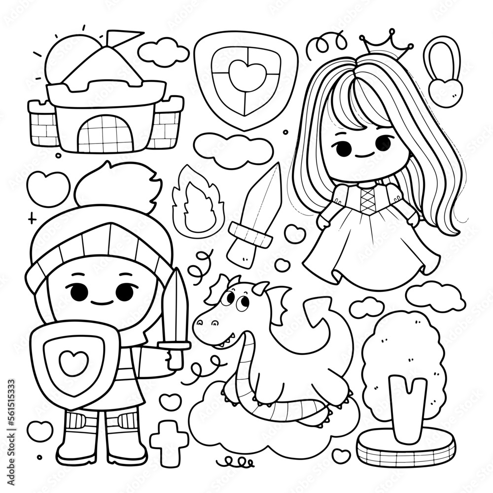 knight and princess colouring page for kid Stock Vector | Adobe Stock