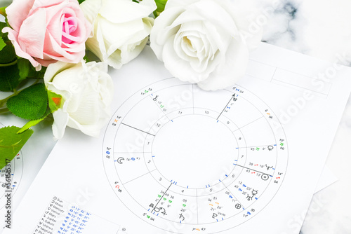 Printed astrology birth chart and white roses, workplace of astrology, spiritual, The callings, hobbies and passion, blueprints and life mapping
