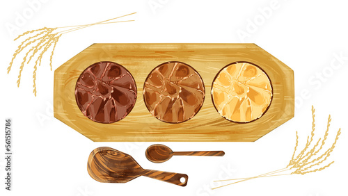 小皿に乗せた味噌の手描き水彩風イラスト