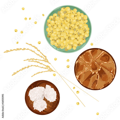 小皿に乗せた味噌と大豆の手描き水彩風イラスト