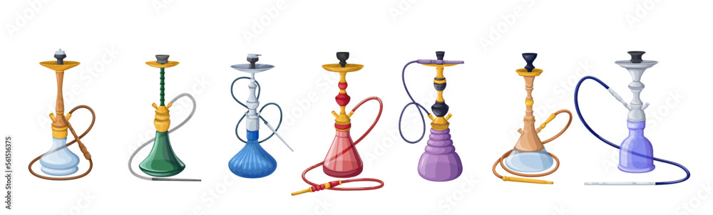 Hookah set vector illustration. Cartoon isolated glass Arabic hookahs collection for lounge club and Turkish bar, pipe equipment to smoke traditional aroma tobacco, Arabian shisha for relaxation Hookah set vector illustration. Cartoon isolated glass Arabic hookahs collection for lounge club and Turkish bar, pipe equipment to smoke traditional aroma tobacco, Arabian shisha for relaxation