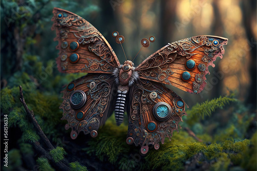 Vászonkép Sci-fi steampunk butterfly in a green forest, Generative AI