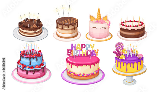 Birthday cake set vector illustration. Cartoon isolated delicious pastry shop and confectionery menu collection of different cakes with chocolate icing and cream, candles and sparklers decoration
