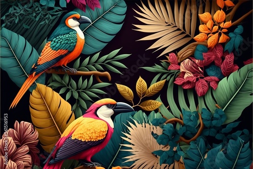 tropical pattern with jungle vegetation and exotic fauna in bright colors. © Concept Killer