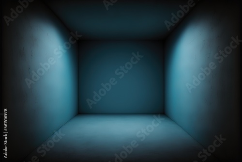 Empty blue studio room. Dark background. Generative AI