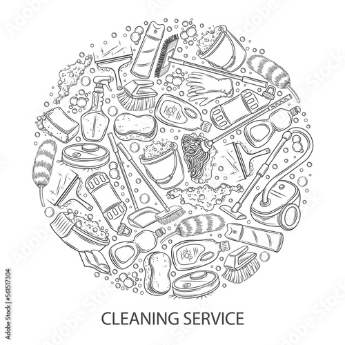 Cleaning service, design template with line icons in circle vector illustration. Hand drawn outline tools, detergent and equipment to clean house in frame of round shape and Cleaning service text