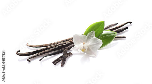 Vanilla pods with leaves isolated on white background