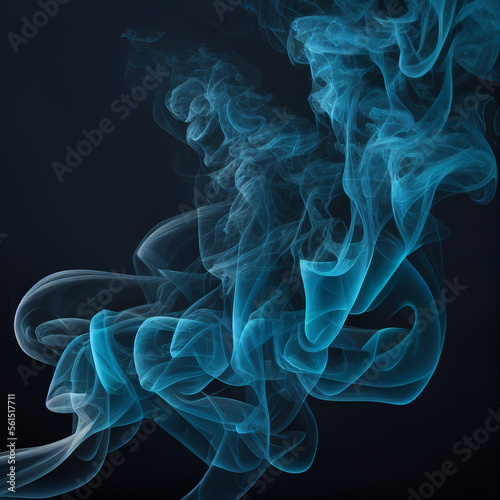 Blue cyan swirling smoke graphic background texture element on black background, generative ai