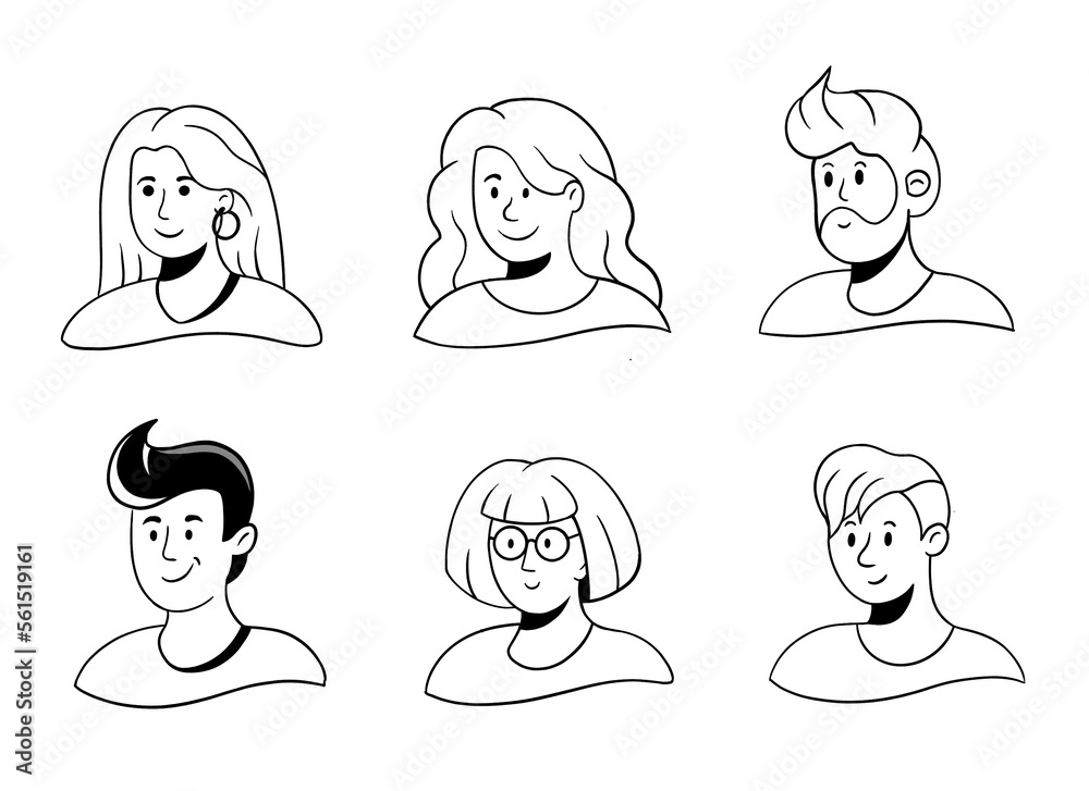 Set of black and white line illustrations with people faces Set of black and white line illustrations with people faces