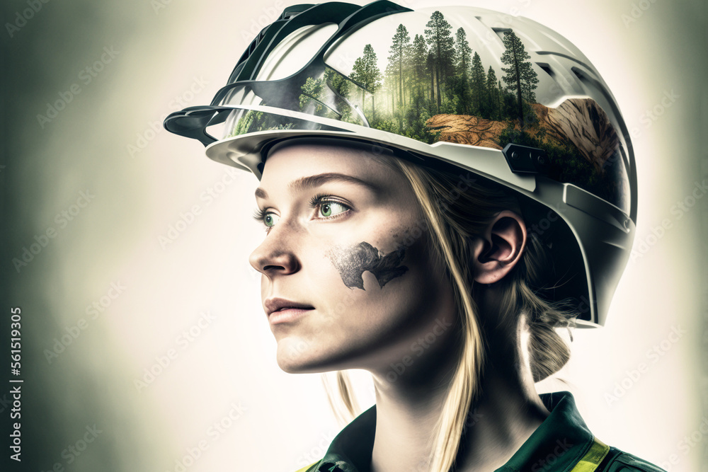 Profile / headshot of a young woman wearing a safety helmet. Scenes of forest have been composited on her helmet. Isolated on a plain background Profile / headshot of a young woman wearing a safety helmet. Scenes of forest have been composited on her helmet. Isolated on a plain background