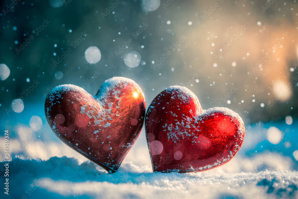 Fototapeta premium Hearts in snow. Valentine's day. Illustration. Generative AI