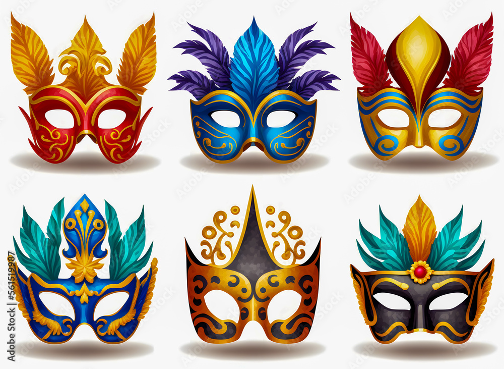 Set of carnival mask isolated on white background. Illustration. Vector illustration. With decorations. Generaive AI