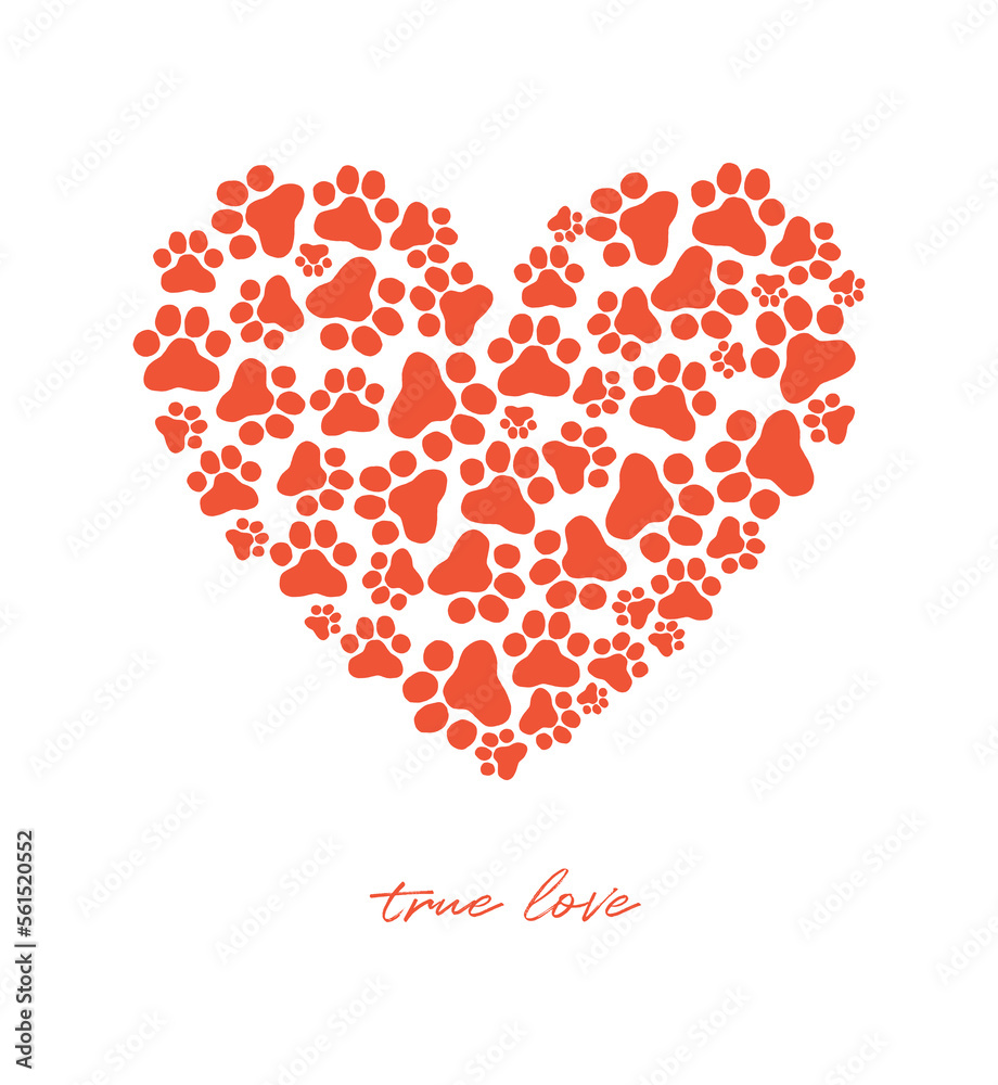 True Love. Big Heart made of Cat or Dog Paw Prints. Red Love Symbol on a White Background. Romantic Vector Illustration ideal for Valentine's Day, Cat and Dog's Day. Poster, Wall Art for Pet Lovers.