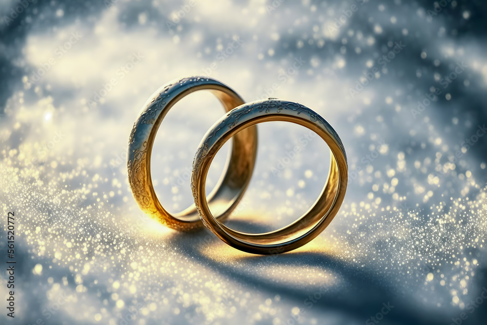 Wedding rings, in the snow, Forever. Valentine's day. Generative AI