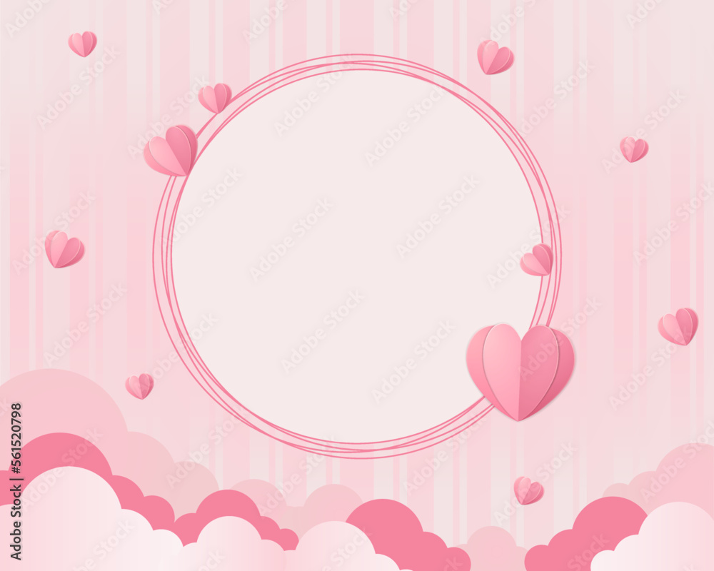 Soft pink template for Valentine s Day with a place for greetings, hearts and clouds