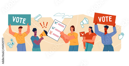 Democratic vote and elections banner. Human rights, elections and social equality concept, flat vector illustration isolated on white background. Societal demands in politics and economics.