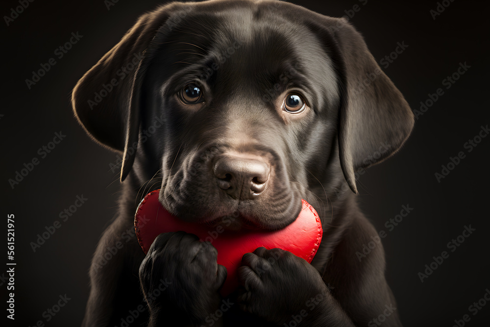 Dog puppy, holding a heart. Velentine's Day. Generative AI