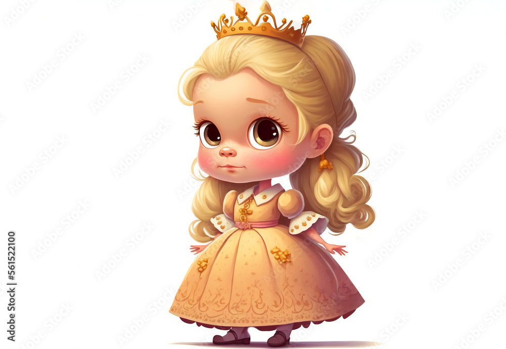 Cute princess with golden crown and blond hair with shadow on white background.Fairytale cartoon character girl princess.AI generated.