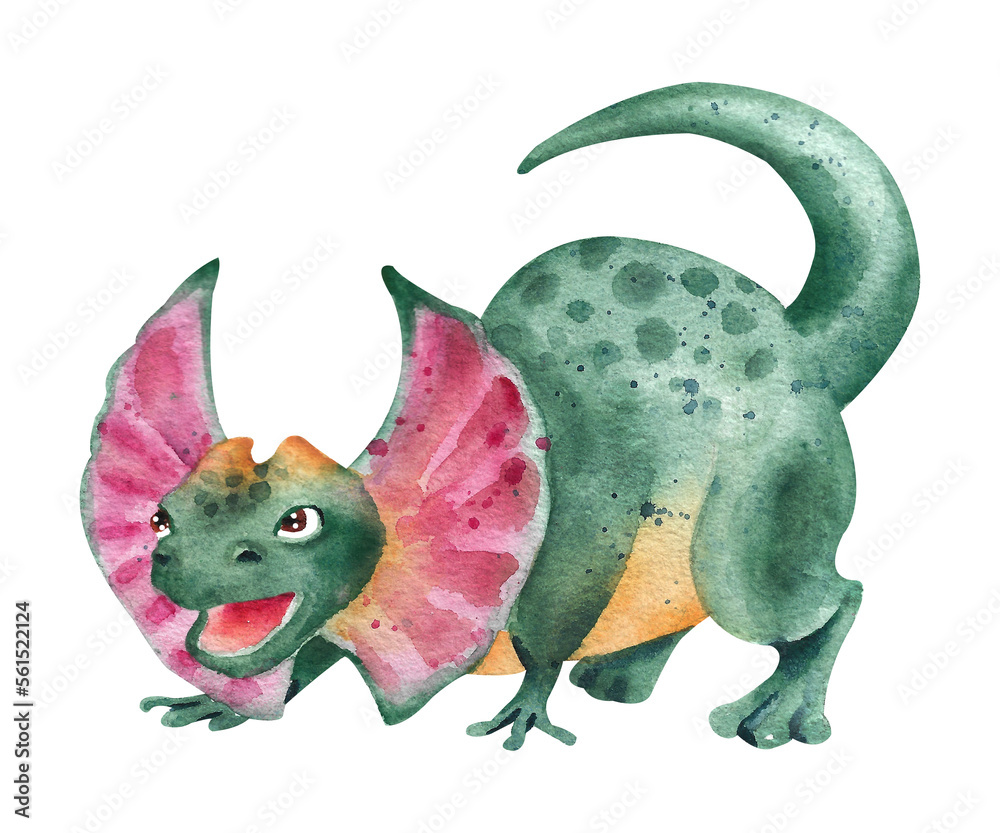 Fototapeta premium Watercolor Dilophosaurus. Aggressive reptile in an attacking stance
