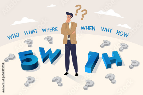 5W1H : Who What Where When Why How ; businessman analysis problem solving technique : business concept