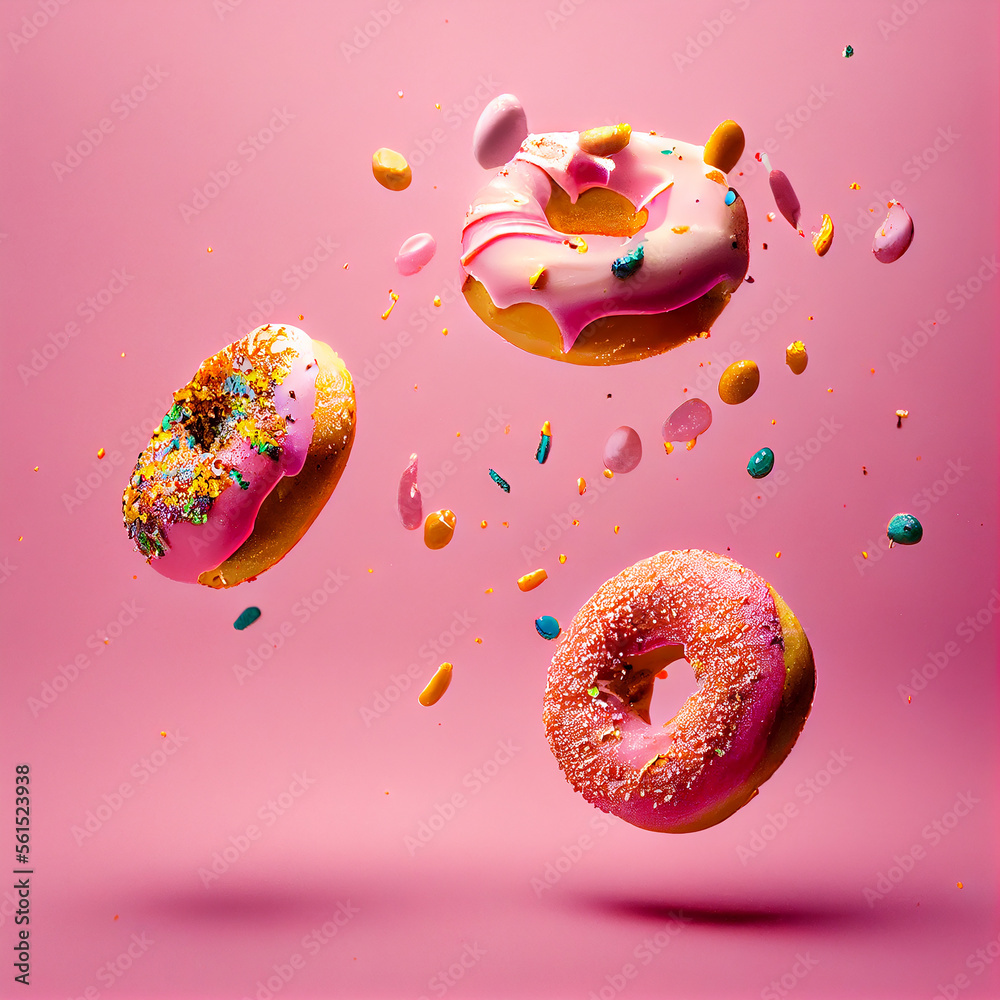Glazed sweet realistic donut on pink background Generative AI