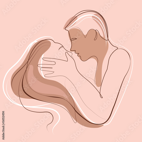 Couple kiss Line art drawing.Lovers Couple Simple Minimalist vector Illustration.Love Concept.Abstract single line man and woman show passion.Romantic drawing of lovers template for poster,print,other