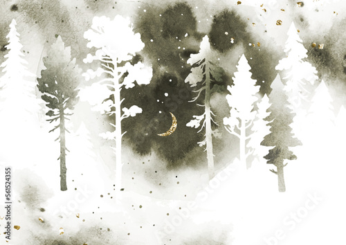 Watercolor vector foggy landscape with coniferous forest, moon in gray and golden colors. Vector silhouette of trees. Nature winter illustration with splashes. Collage with watercolor texture