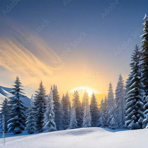 sunset in the mountains, winter sunset, Sunrise in a coniferous forest covered with white snow