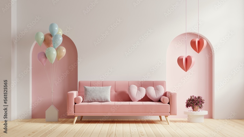 Obraz premium Pink sofa and home decor for valentine's day.