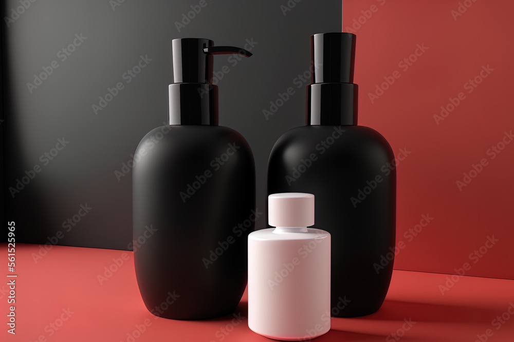 Black Bottles of soap dispensers for the cosmetics bathroom interior. Blank mockups of cosmetics bottles. Daily hygiene products with red walls and white ceramic background. Healthcare concept