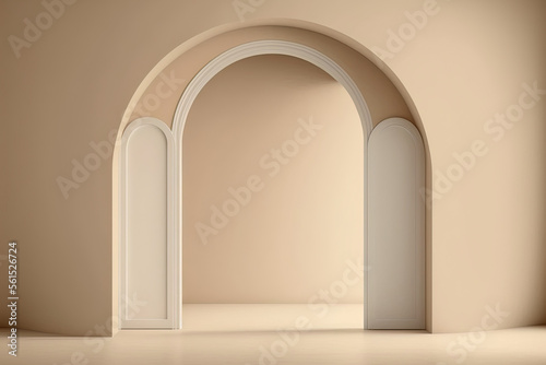 empty light beige wall room with arch door. Minimal interior background for product presentation. Generative AI