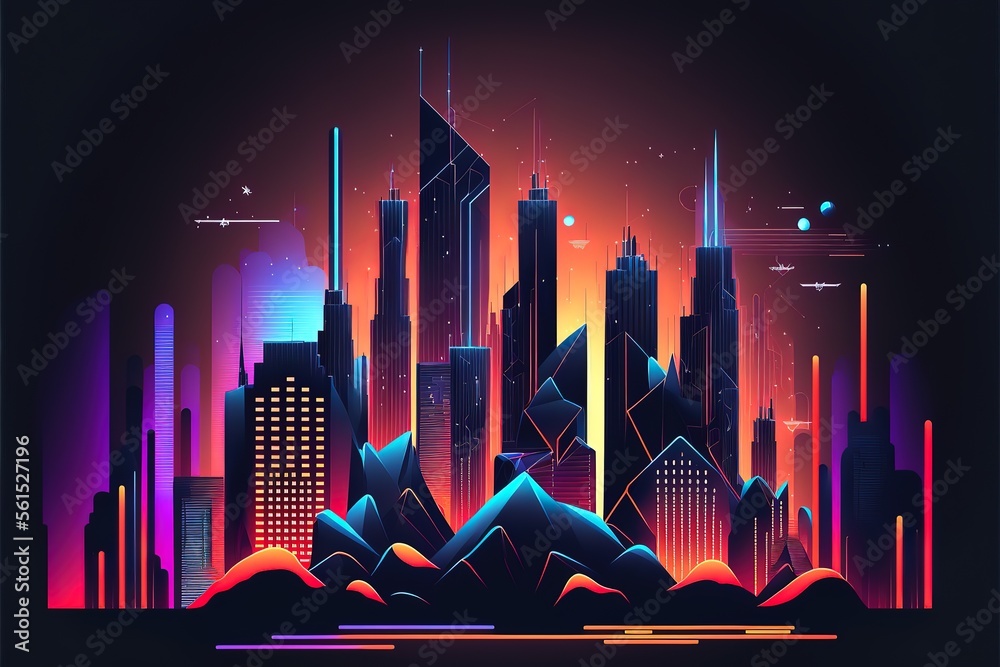 Vector illustration urban architecture, cityscape with space and neon light effectVector illustration urban architecture, cityscape with space and neon light effect. Generative AI