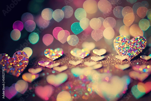 Colorful glittering hearts, bokeh background, sequins, St. Valentine's Day, Generative AI
